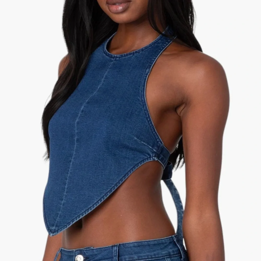 EDIKTED Sydnie Open Back Denim Halter Top | Color: Dark-Blue - Picture 1 of 8